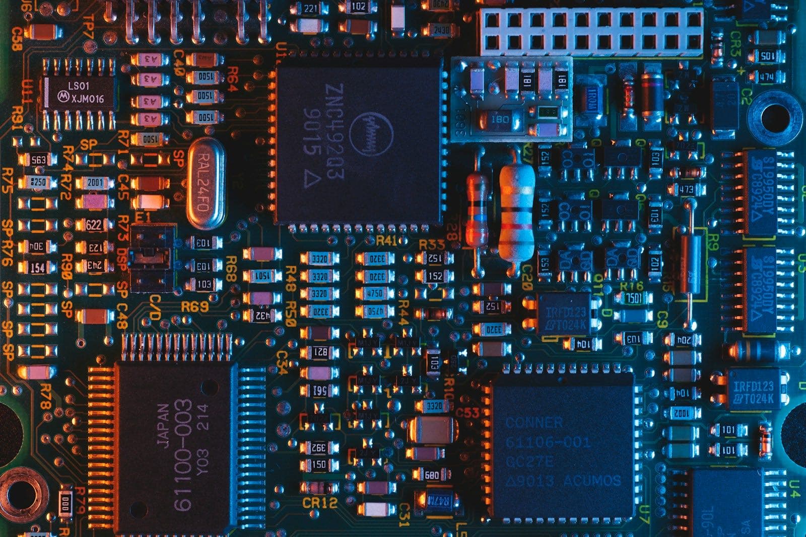Close-up of a circuit board with microchips lit in blue and orange light