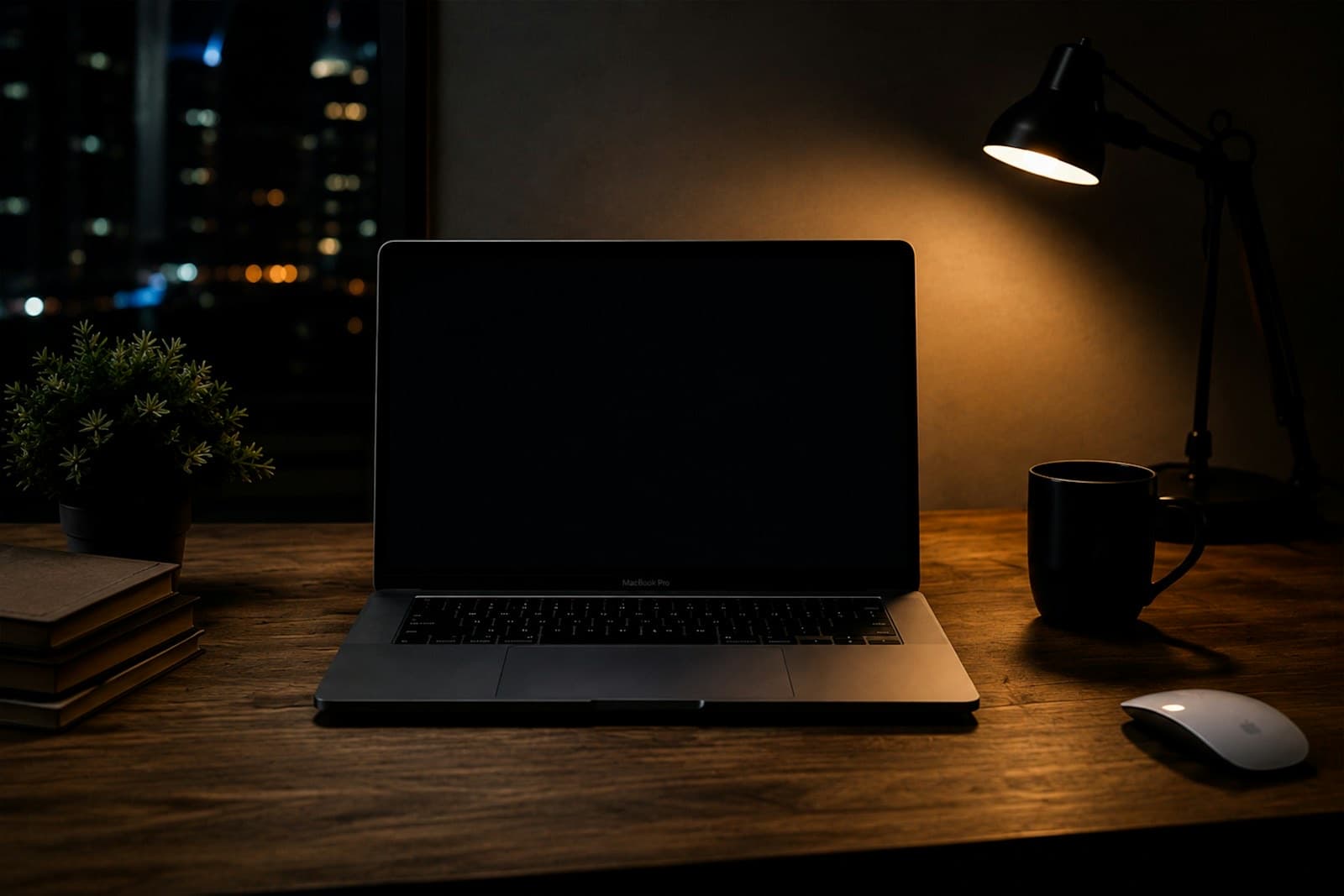 Laptop, coffee mug and desk lamp on a wooden desk at night with city lights in the window